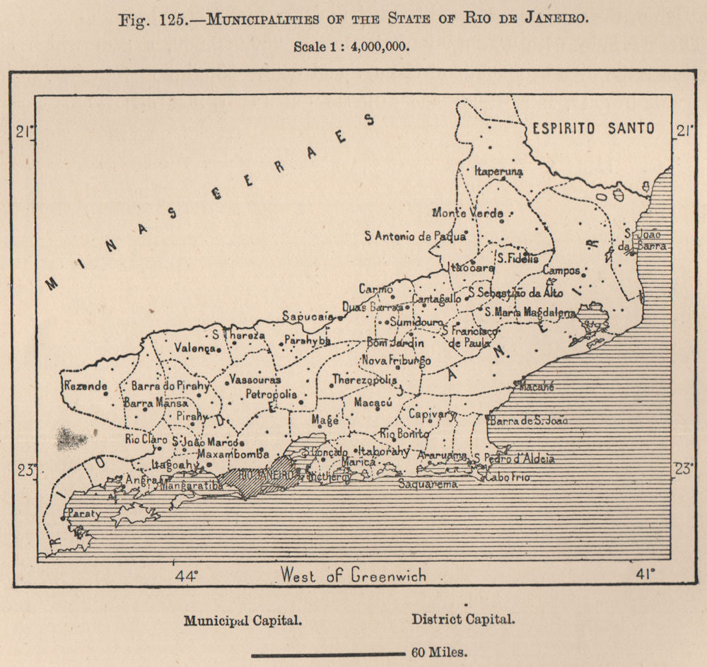 Municipalities of the state of Rio de Janeiro. Brazil 1885 old antique map